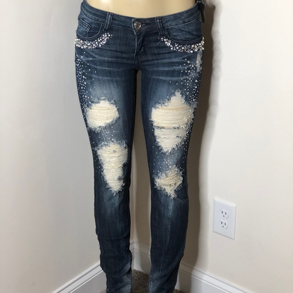 Machine denim bling distressed jeans